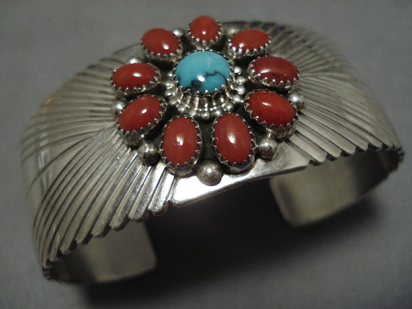 Important Tommy Sam Vintage Native American Navajo Turquoise Sterling Silver Bracelet Old-Nativo Arts