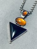 Brilliant Native American Navajo Black Onyx Triangle Amber Sterling Silver Necklace-Nativo Arts