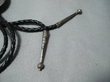 Detailed Vintage Native American Navajo Old Kingman Turquoise Sterling Silver Bolo Tie Old-Nativo Arts