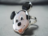 Native American Exceptional Zuni Inlay Coral Jet Mother Of Pearl Sterling Silver Mickey Ring-Nativo Arts