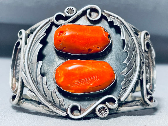 Randy Hoskie Chunk Coral Vintage Native American Navajo Sterling Silver Leaf Bracelet-Nativo Arts