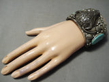 Heavy Huge Native American Navajo Buffalo Sterling Silver Turquoise Bracelet-Nativo Arts