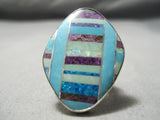 Native American Huge Detailed Multi Layer Turquoise Sterling Silver Charoite Inlay Ring-Nativo Arts