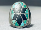 Native American One Of Best Early Thicker Vintage Navajo Turquoise Inlay Sterling Silver Ring-Nativo Arts