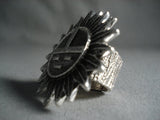 48 Grams Huge Navajo Tufa Sun Detailed Feather Ray Sterling Native American Jewelry Silver Ring-Nativo Arts