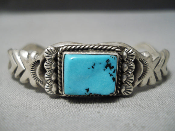 Stunning Vintage Native American Navajo Squared Turquoise Sterling Silver Bracelet Old-Nativo Arts