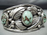 Vivid Vintage Native American Navajo Green Turquoise Sterling Silver Leaf Bracelet Old-Nativo Arts