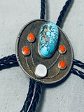 Native American Rare Turquoise Blue Warrior Sterling Silver Coral Bolo Tie Old-Nativo Arts