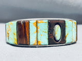 Signed Vintage Native American Navajo #8 Turquoise Sterling Silver Wood Inlay Bracelet-Nativo Arts