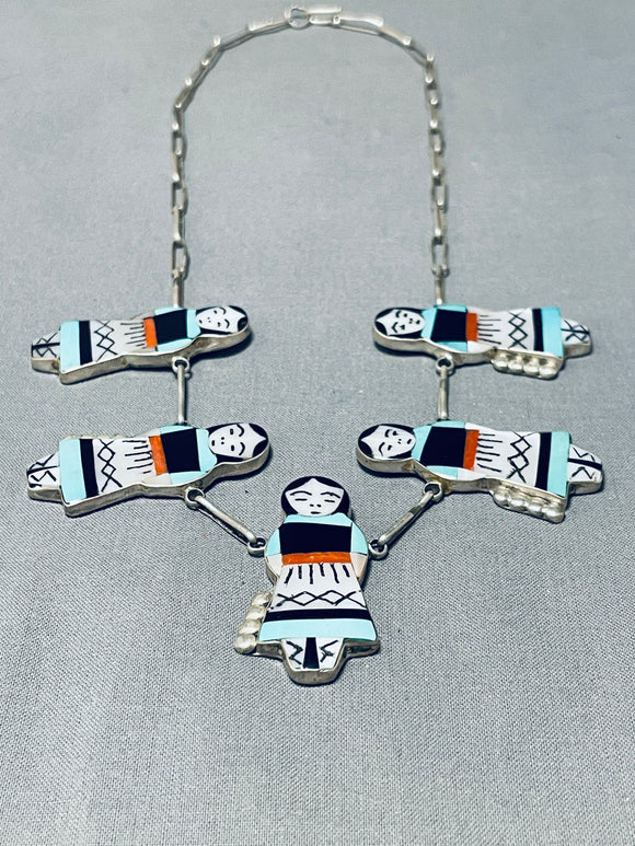 Completely Hand Inlaid Vintage Native American Zuni Turquoise Woman Sterling Silver Necklace-Nativo Arts