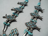 So Unique Vintage Zuni Native American Navajo Turquoise Sterling Silver Squash Blossom Necklace-Nativo Arts