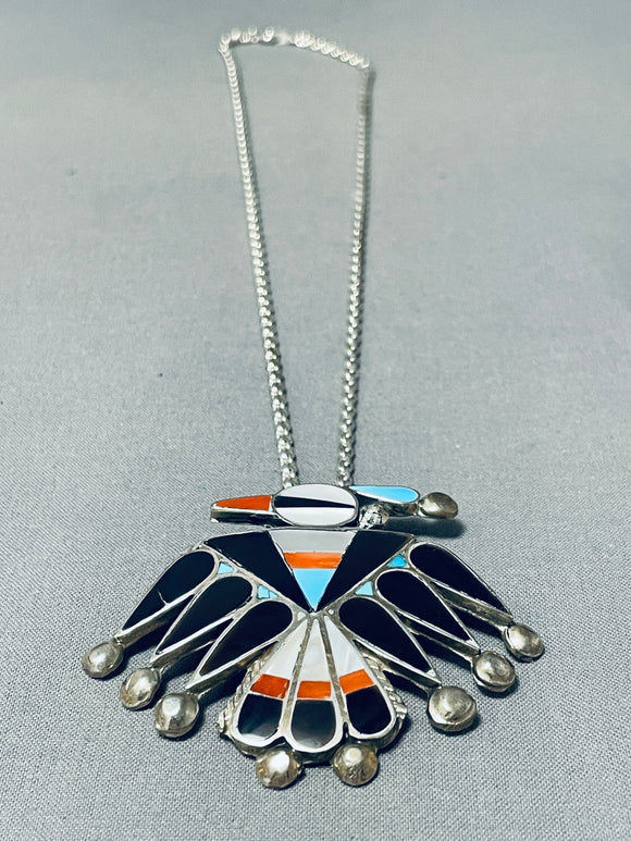 Fascinating Vintage Native American Zuni Turquoise Jet Coral Inlay Sterling Silver Bird Necklace-Nativo Arts
