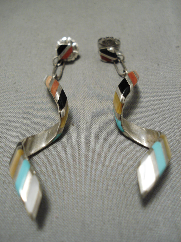 Beautiful Vintage Native American Navajo Dangle Turquoise Coral Sterling Silver Earrings-Nativo Arts