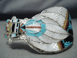 Incredible Native American Zuni Textured Inlay Turquoise Coral Kachina Sterling Silver Bracelet-Nativo Arts