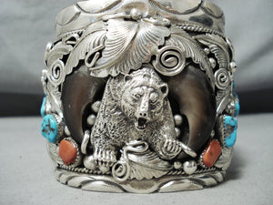 Monstrous Bear Vintage Native American Navajo Turquoise Coral Sterling Silver Leaf Bracelet-Nativo Arts