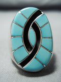 Dazzling Vintage Native American Zuni Blue Gem Turquoise Inlay Sterling Silver Ring-Nativo Arts