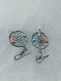 Native American Superb Navavjo Turquoise Coral Sterling Silver Dream Catcher Earrings-Nativo Arts
