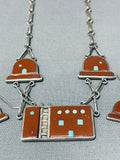 Native American Zuni Pueblo Hogan Village Vintage Sterling Silver Turquoise Necklace Set-Nativo Arts