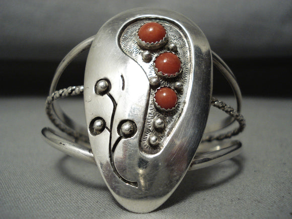 Quality Vintage Native American Navajo Signed Coral Sterling Silver Bracelet-Nativo Arts