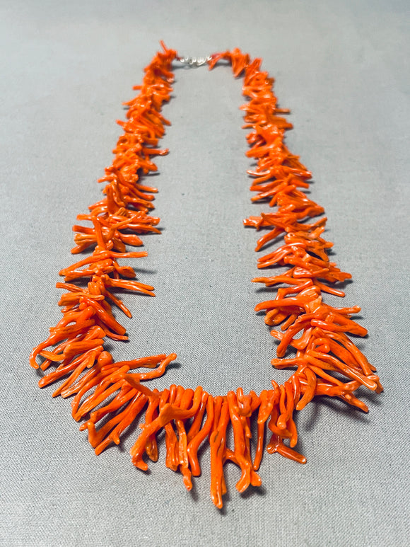 Native American Graduating Size Vintage Navajo Long Coral Sterling Silver Necklace-Nativo Arts