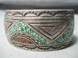 Signed Nezzie Vintage Native American Navajo Turquoise Coral Sterling Silver Bracelet-Nativo Arts