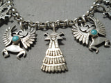 Detailed!! Vintage Native American Navajo Turquoise Sterling Silver Charm Link Bracelet-Nativo Arts