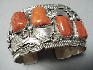 One Of The Chunkiest Vintage Native American Navajo Coral Sterling Silver Leaf Bracelet-Nativo Arts