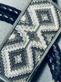 Extremely Intricate Native American Navajo Hand Carved Sterling Silver Geomtric Bolo Tie-Nativo Arts