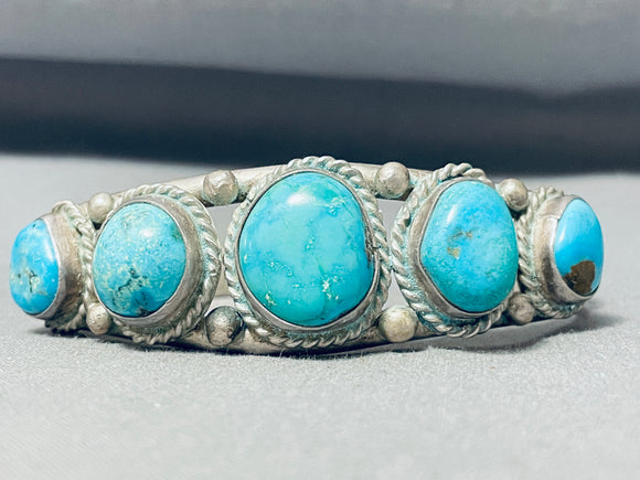 Awesome Vintage Native American Navajo 5 Blue Green Turquoise Sterling Silver Bracelet-Nativo Arts