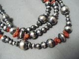 Extraordinary Navajo Coral Sterling Silver Long Necklace Native American-Nativo Arts