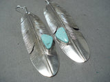 4 Inch Native American Navajo Old Kingman Turquoise Sterling Silver Large Feather Earrings-Nativo Arts