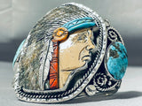 Native American One Of Most Intricate Ever Turquoise Hand Carved Chief Sterling Silver Bracelet-Nativo Arts