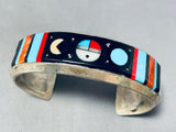 Amazing Native American Navajo Inlay Turquoise Jet Coral Sunface Cosmic Sterling Silver Cuff-Nativo Arts