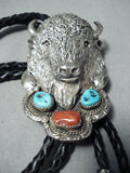 Huge Heavy Vintage Native American Navajo Buffalo Turquoise Sterling Silver Bolo Tie-Nativo Arts