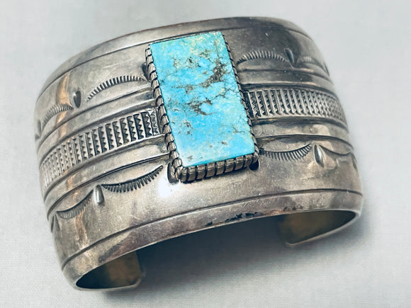 Wide Signed Hand Tooled Vintage Native American Navajo Turquoise Sterling Silver Bracelet-Nativo Arts