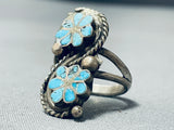 Wonderful Vintage Native American Zuni Blue Gem Turquoise Sterling Silver Floral Ring-Nativo Arts