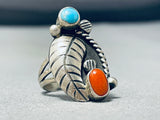 Detailed And Older Vintage Native American Navajo Turquoise Coral Sterling Silver Leaf Ring-Nativo Arts