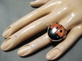 Adorable Native American Navajo Spiny Oyster, Jet Sterling Silver Ring Ladybug-Nativo Arts