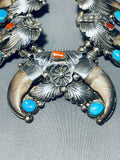 Authentic Vintage Native American Navajo Bear Turquoise Sterling Silver Squash Blossom Necklace-Nativo Arts