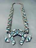 Important Vintage Native American Zuni Turquoise Inlay Sterling Silver Squash Blossom Necklace-Nativo Arts
