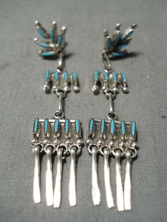 Fab Zuni Native American Needle Turquoise Sterling Silver Chandelier Earrings-Nativo Arts