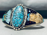 Extreme Detailed Vintage Native American Navajo Cosmic Sterling Silver Turquoise Bracelet-Nativo Arts