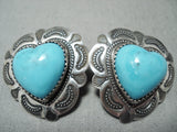 Incredible Vintage Native American Navajo Turquoise Heart Sterling Silver Earrings-Nativo Arts