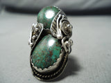 Huge Authentic Vintage Native American Navajo Green Turquoise Sterling Silver Leaf Ring Old-Nativo Arts