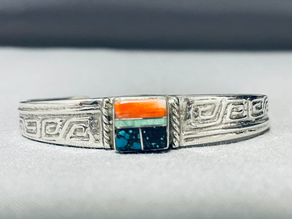 Intricate Double Tecnque Vintage Native American Navajo Turquoise Inlay Sterling Silver Bracelet-Nativo Arts
