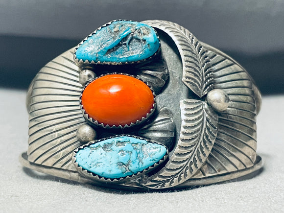 Intricate Flanks Vintage Native American Navajo Turquoise Coral Sterling Silver Bracelet-Nativo Arts