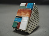 Huge Intricate Native American Navajo Turquoise Inlay Sterling Silver Ring-Nativo Arts
