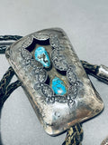 Unbelievable Vintage Native American Navajo Kingman Turquoise Sterling Silver Shadowbox Bolo-Nativo Arts