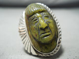 Native American One Of The Most Detailed Hand Carved Jade Inidan Head Sterling Silver Ring-Nativo Arts