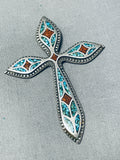 Very Intricate Vintage Native American Navajo Turquoise Coral Sterling Silver Cross Pendant-Nativo Arts
